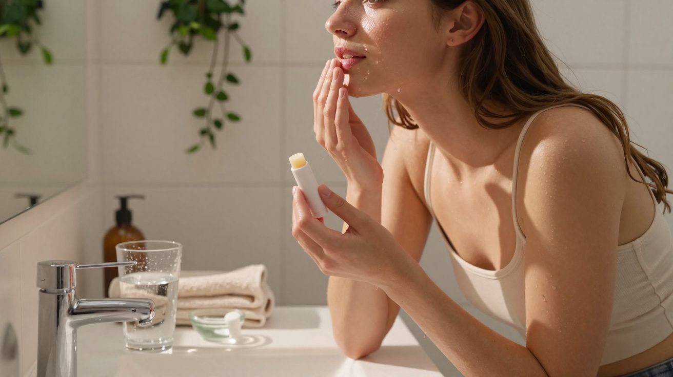 Mulher aplicando protetor labial em banheiro com toalhas e copo d'água ao lado da pia.