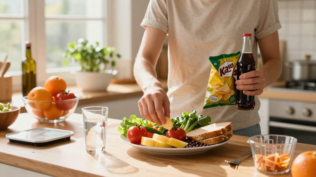 Pessoa servindo petiscos com batatas chips e refrigerante ao lado de uma porção de salada e pão na cozinha.
