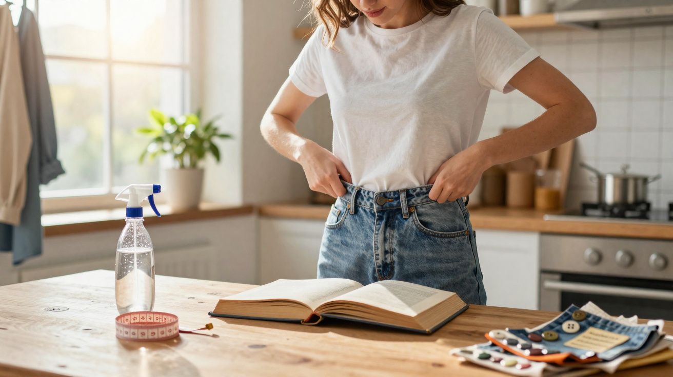 Mulher apertando calça jeans na cozinha com livro aberto, fita métrica e frascos na mesa de madeira.