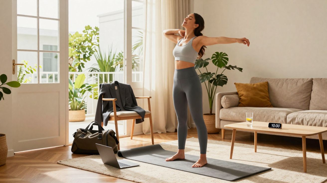 Mulher se alongando em tapete de yoga na sala clara com plantas, sofá e laptop aberto no chão.