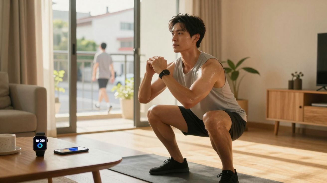Homem fazendo agachamento em tapete dentro de sala, com smartwatch e celular na mesa à frente.
