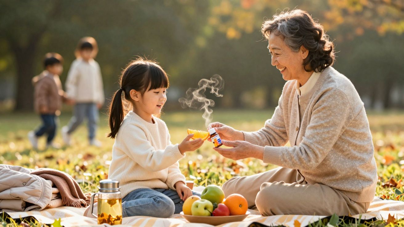 Avó e neta sentadas no parque com frutas, segurando um frasco com vapor, em dia de outono.