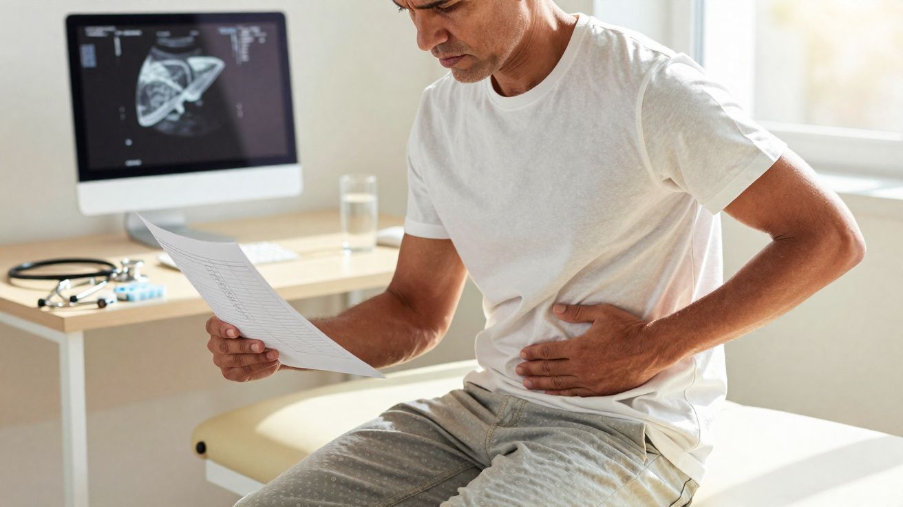 Homem com expressão de dor segurando o abdômen direito e lendo exame médico em consultório.
