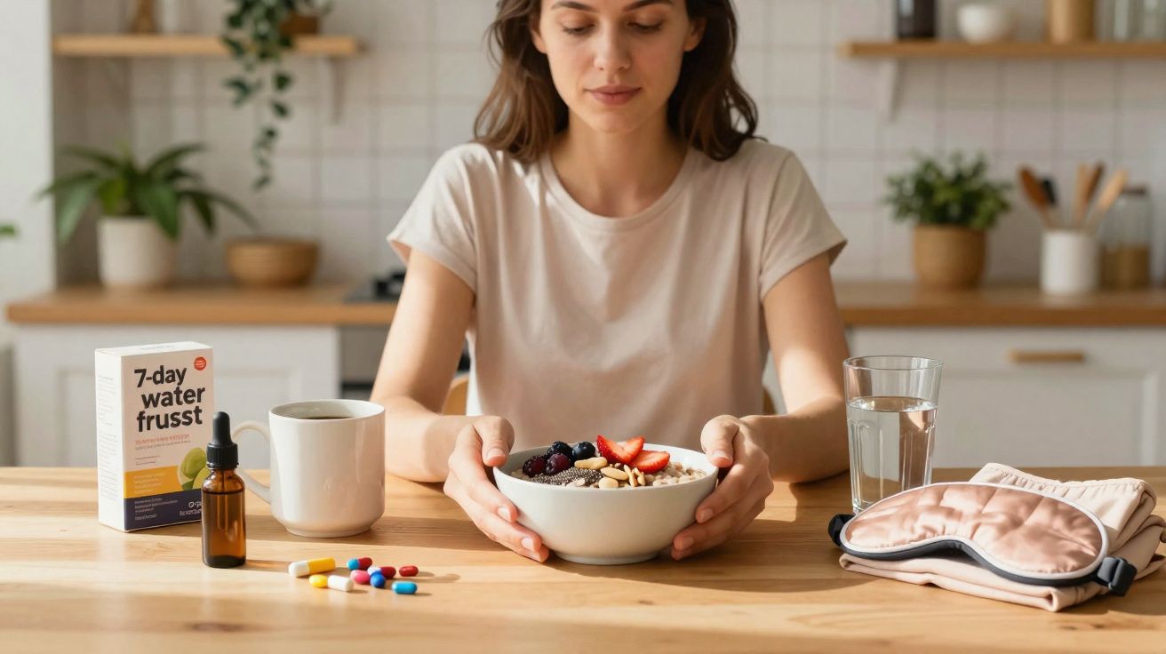Mulher segurando tigela de café da manhã saudável com frutas, remédios, copo d'água e máscara de dormir sobre a mesa.