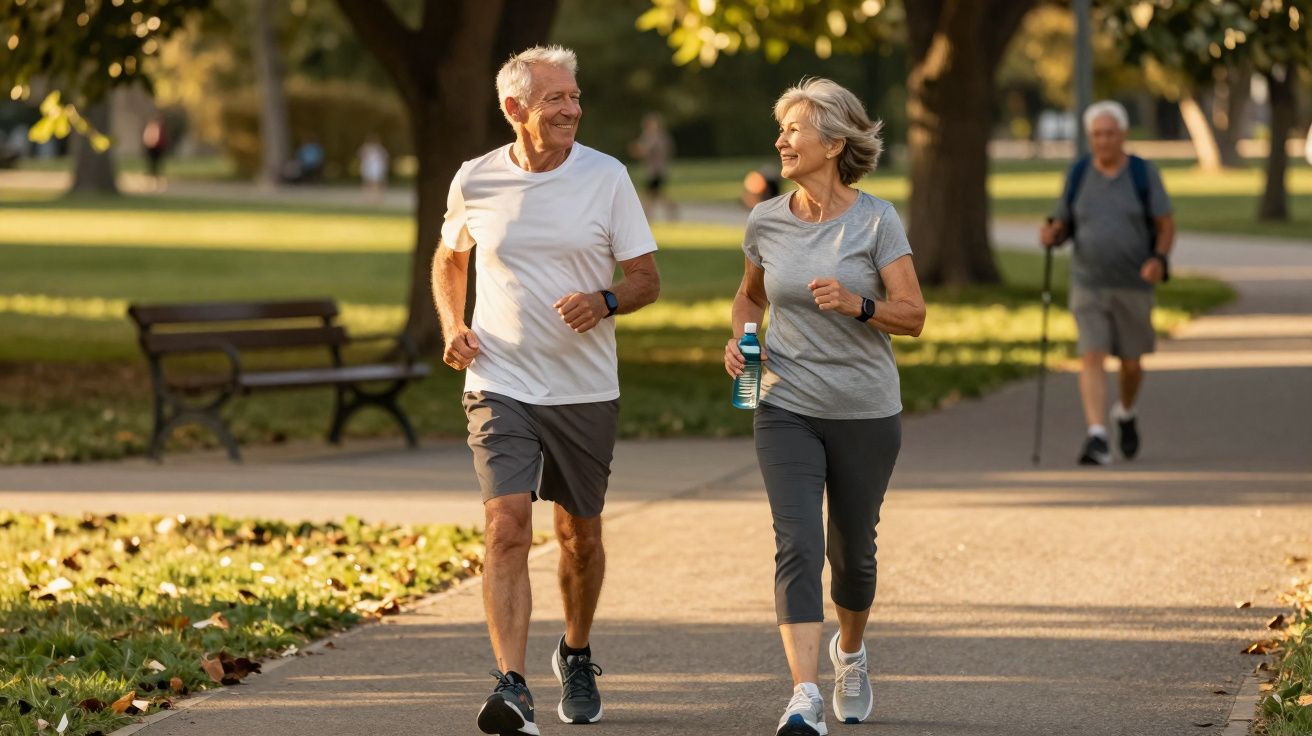 Casal de idosos correndo juntos em parque ao ar livre em dia ensolarado.
