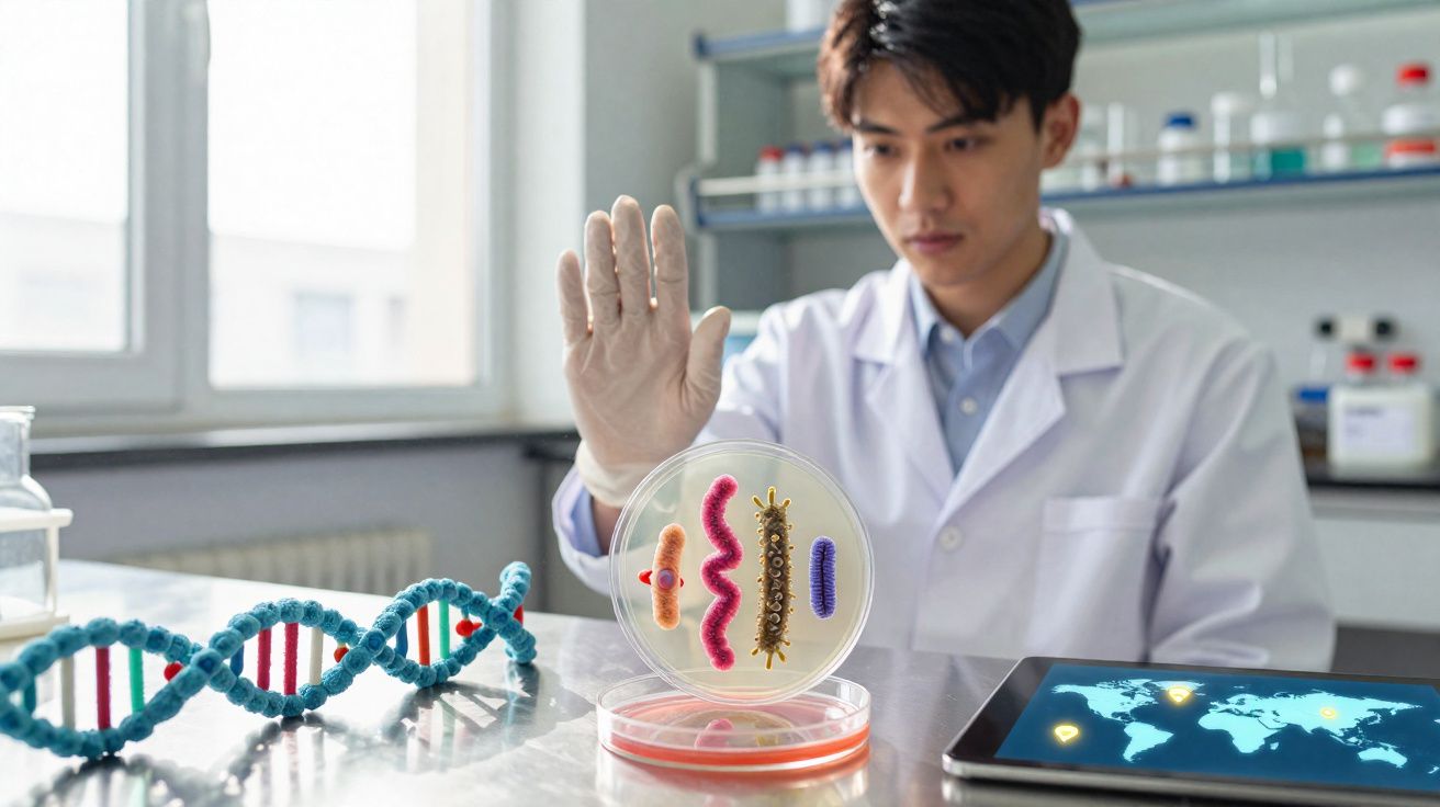 Cientista em laboratório observando bactérias em placa de Petri com modelo de DNA e tablet ao lado.