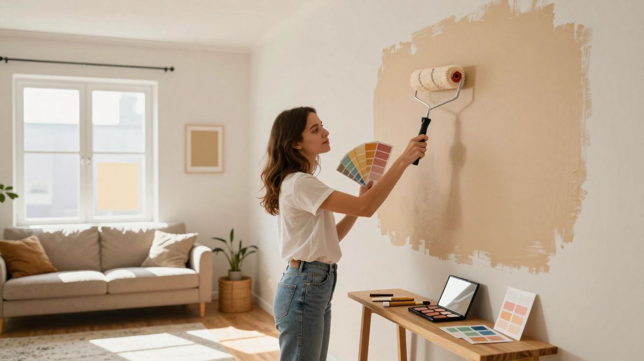 Mulher segurando paleta de cores e pintando parede de bege com rolo numa sala iluminada.