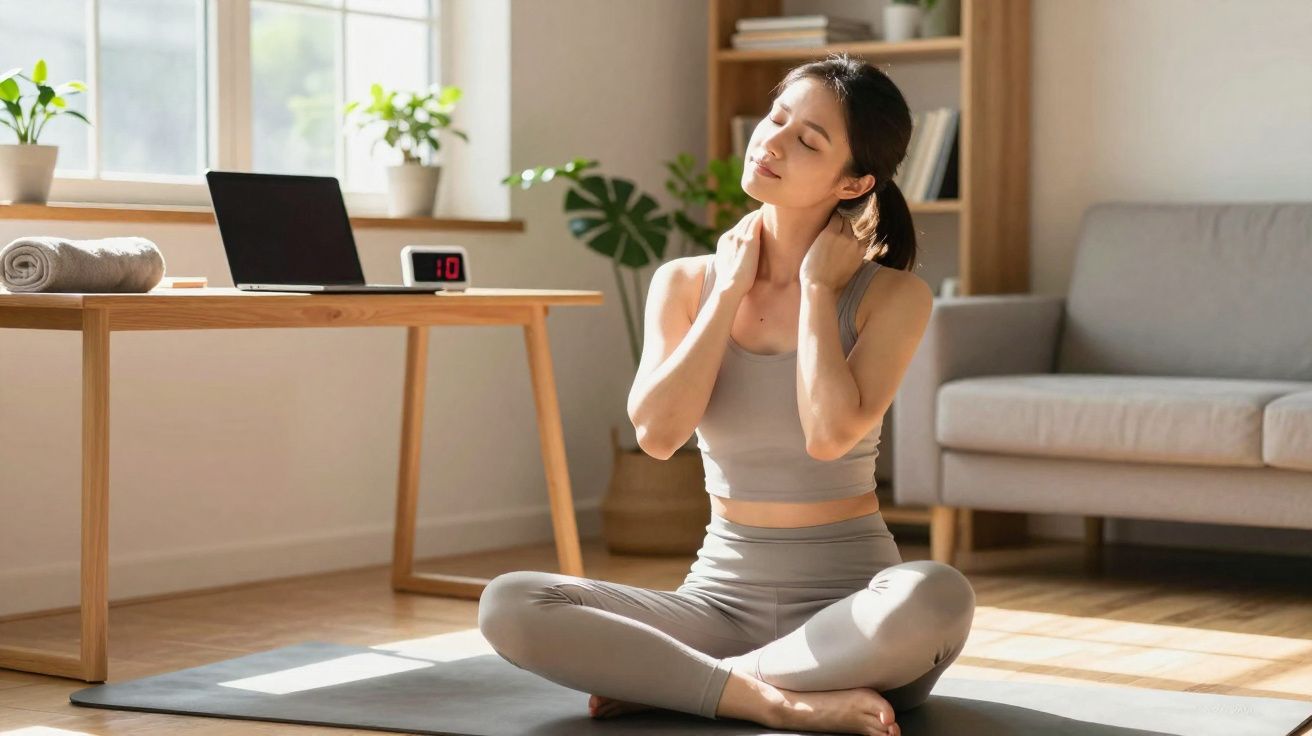 Mulher praticando yoga sentada no tapete em sala iluminada, alongando pescoço com olhos fechados.