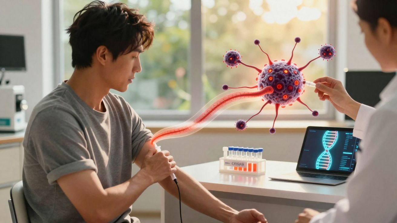 Homem realizando exame médico com projeção digital de vírus e DNA em consultório.