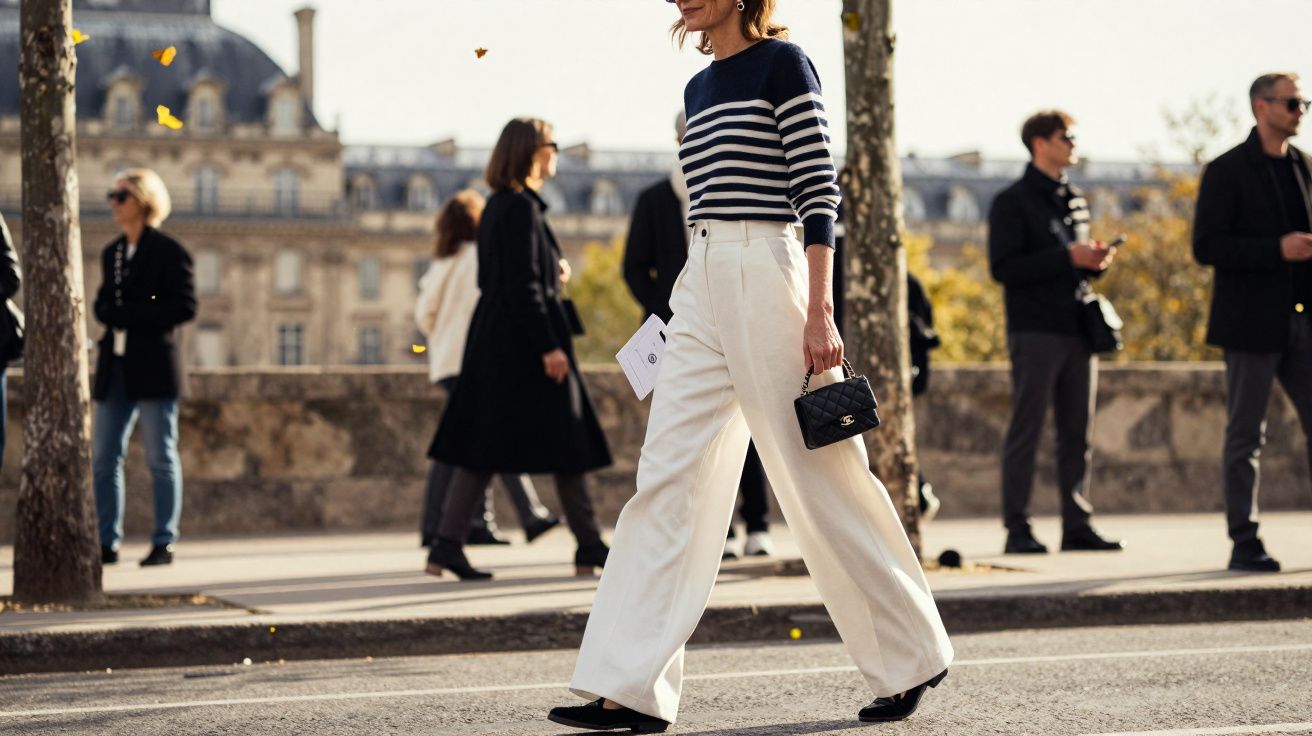 Mulher de calça branca e blusa listrada caminhando em rua urbana com pedestres ao fundo.