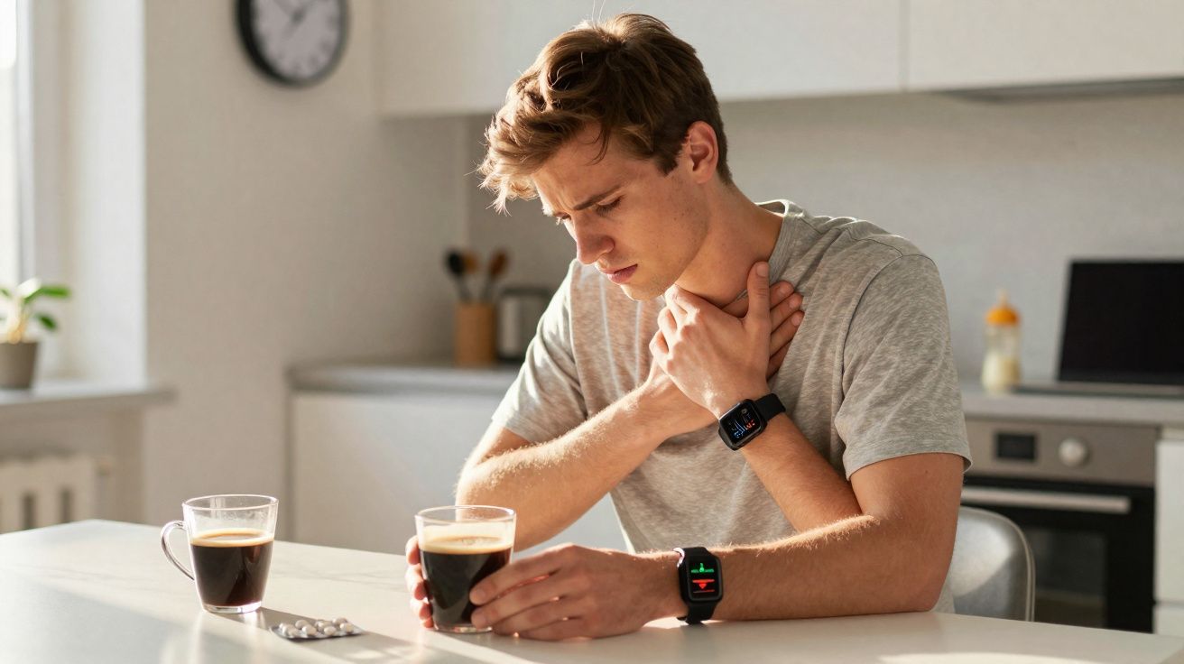 Jovem sentado na cozinha segura o peito com expressão de dor ao lado de café e remédios na mesa.