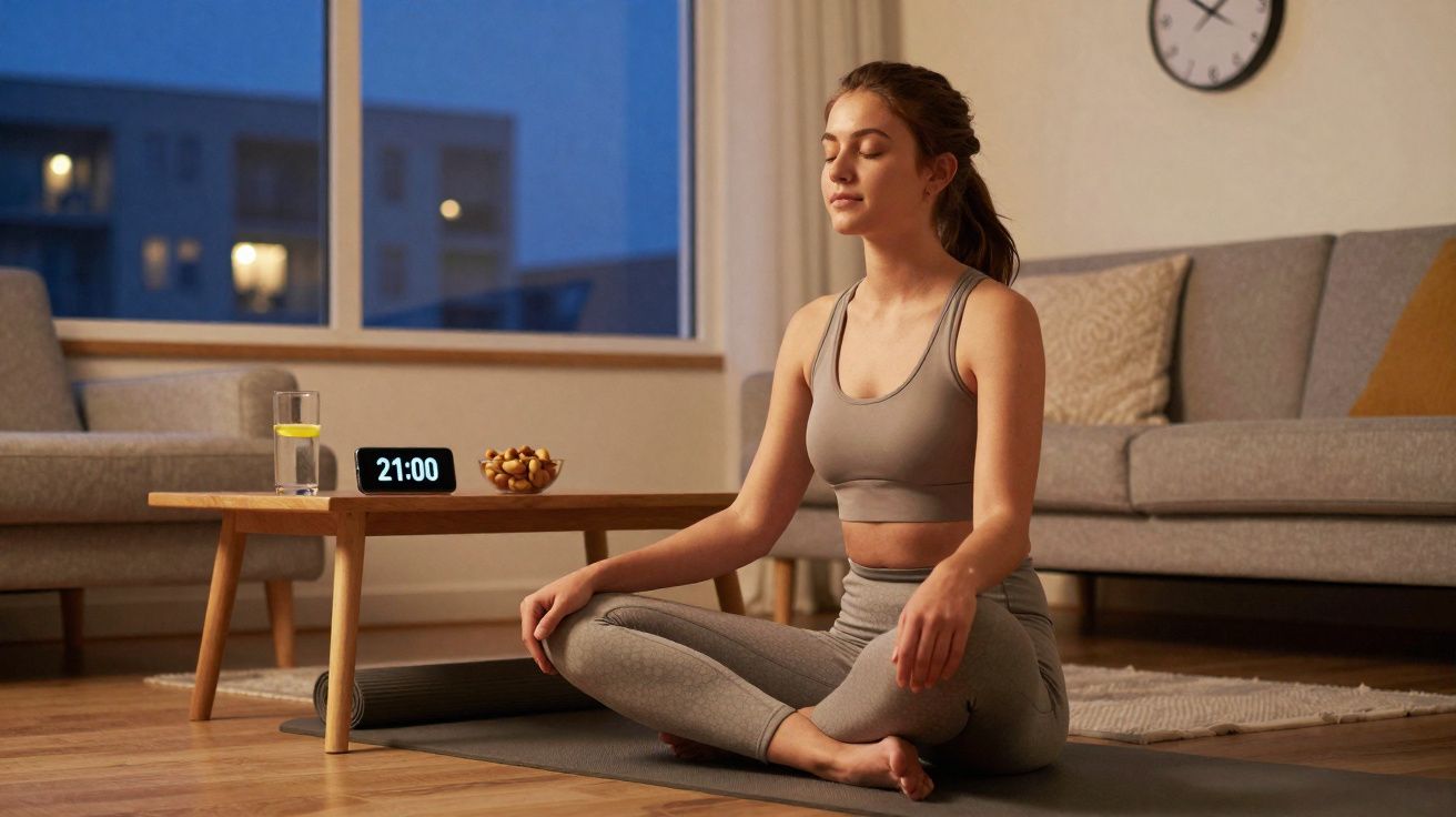 Mulher sentada em posição de meditação no tapete de yoga na sala, relógio marca 21h00.