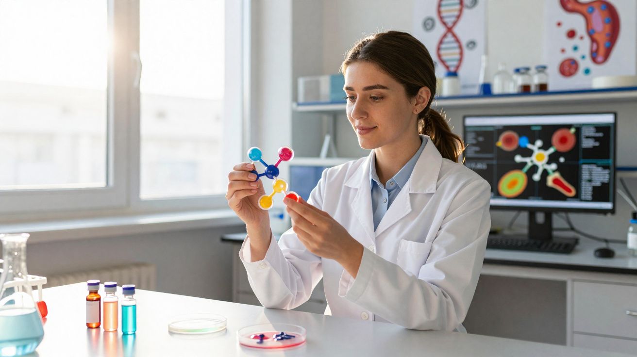 Cientista mulher em laboratório segurando modelo molecular colorido, com tubos de ensaio e computador ao fundo.