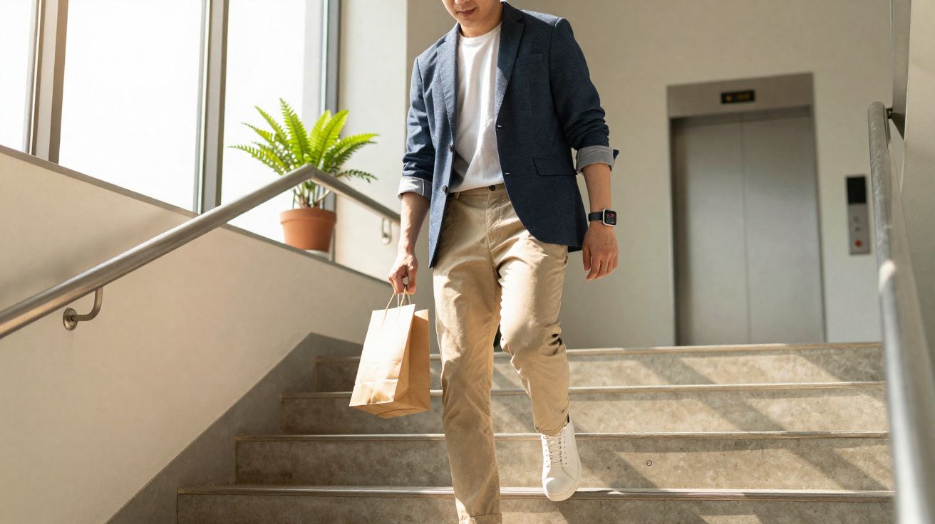 Pessoa descendo escada interna com sacola de papel em mãos, próxima a um elevador e planta em vaso.