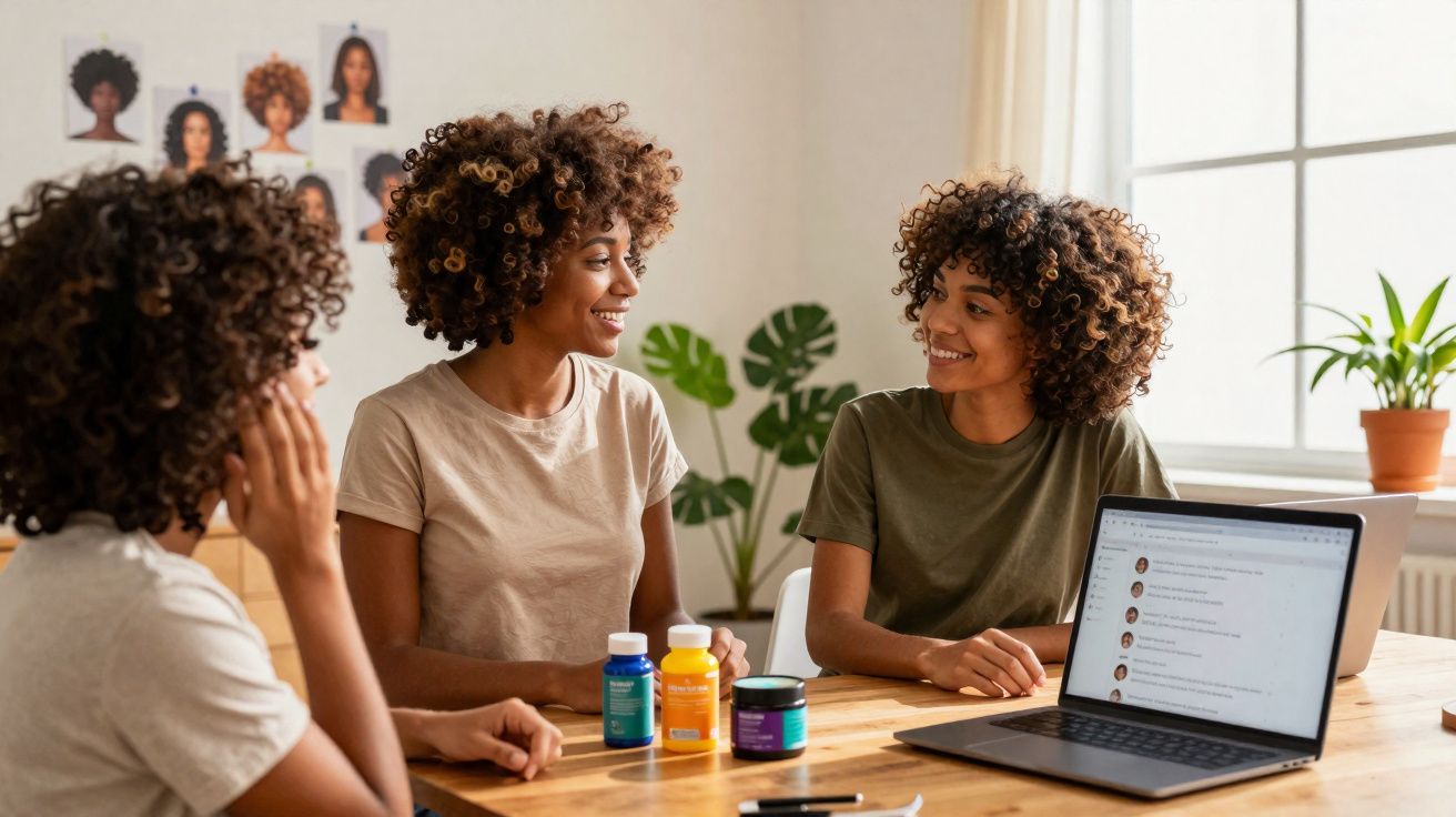Três mulheres com cabelos cacheados conversam em escritório com suplementos e laptop sobre a mesa.