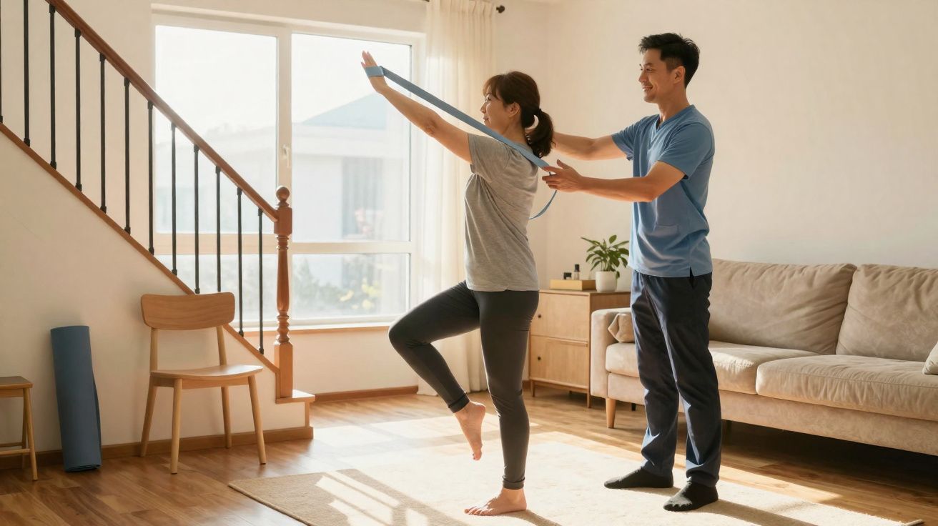 Mulher fazendo exercício com faixa elástica enquanto homem a auxilia em sala iluminada.