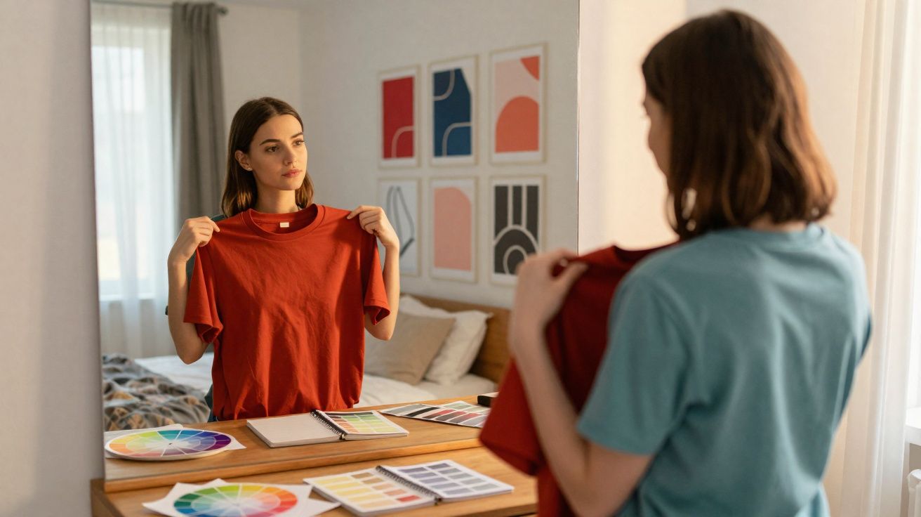 Mulher segurando camiseta vermelha em frente ao espelho, analisando cores em ambiente com amostras e decoração moderna.