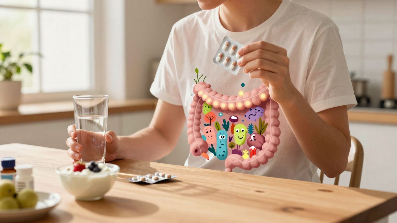 Pessoa com camiseta branca segurando comprimido e copo de água, com desenho de intestino e bactérias amigáveis.
