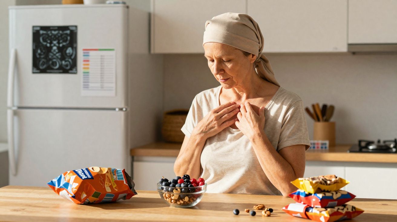 Mulher com lenço na cabeça olhando para uma tigela de frutas e nozes em uma cozinha.