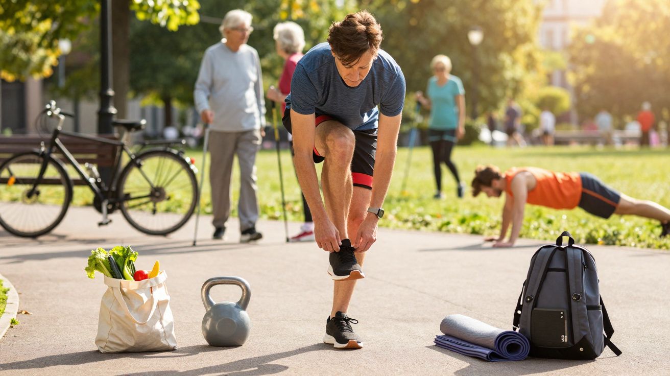 Homem amarrando tênis em parque com mochila, tapete de yoga, kettlebell e sacola de compras ao redor.