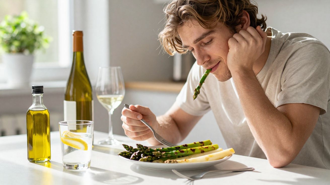 Homem com camiseta clara sentado à mesa com prato de aspargos e vinho branco em taça transparente.