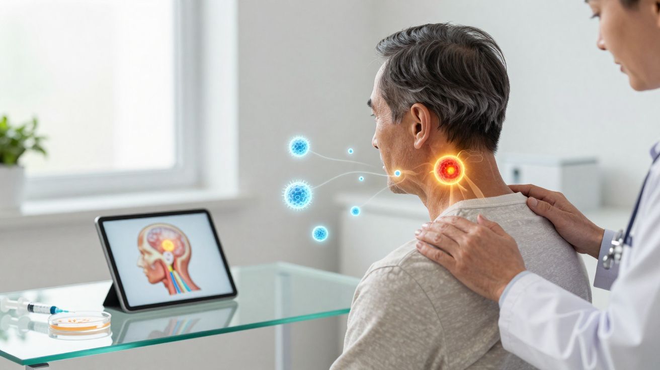 Paciente sentado em consulta médica com ilustrações digitais de infecção na garganta e sistema respiratório.