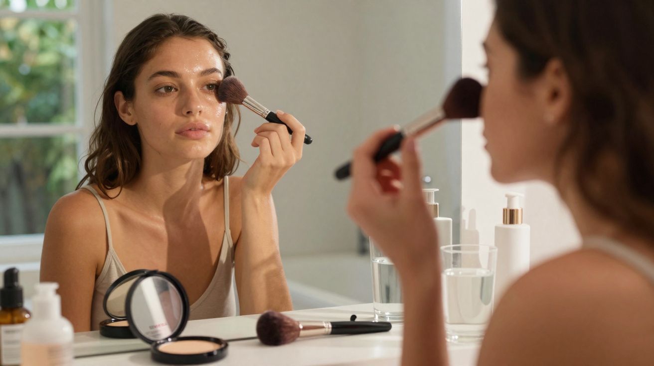 Mulher aplicando maquiagem com pincel na frente do espelho em banheiro iluminado.