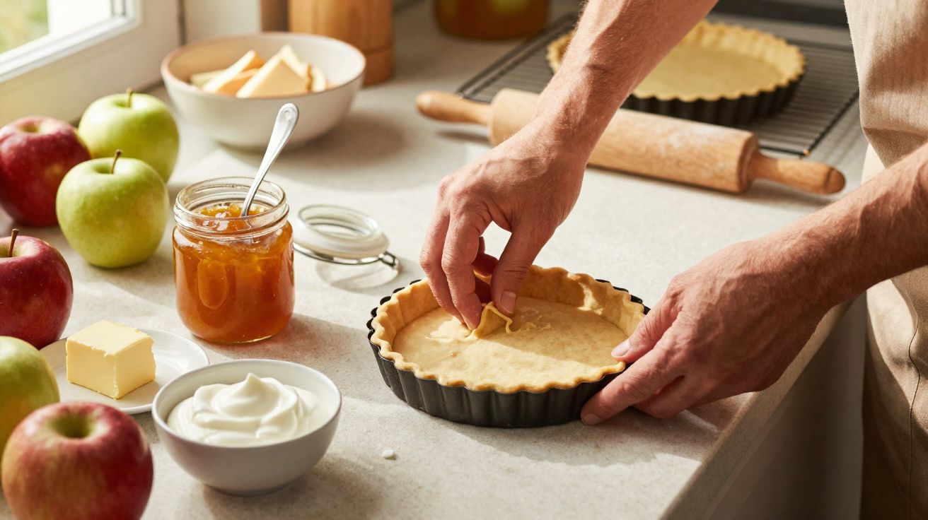 Mãos preparando massa em forma para torta com ingredientes como maçãs, manteiga, geleia e creme na bancada.