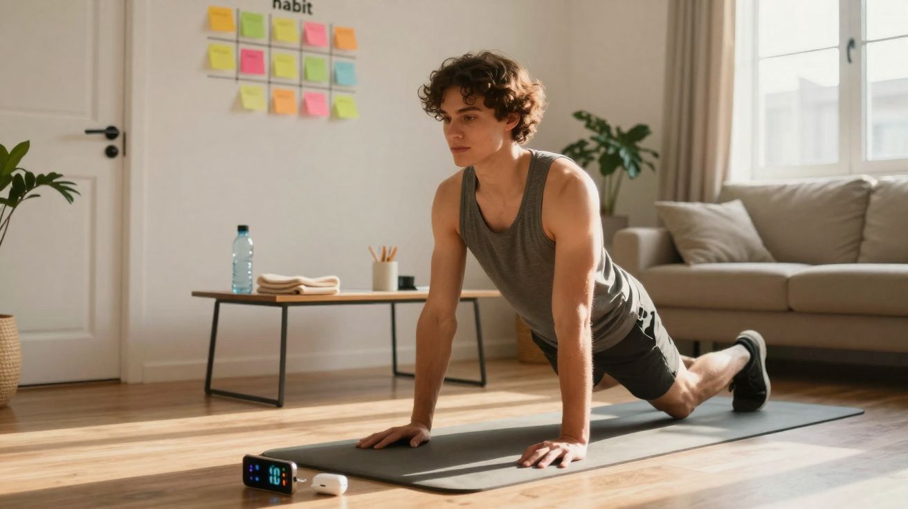 Homem jovem fazendo alongamento em tapete de yoga em sala de estar iluminada e organizada.
