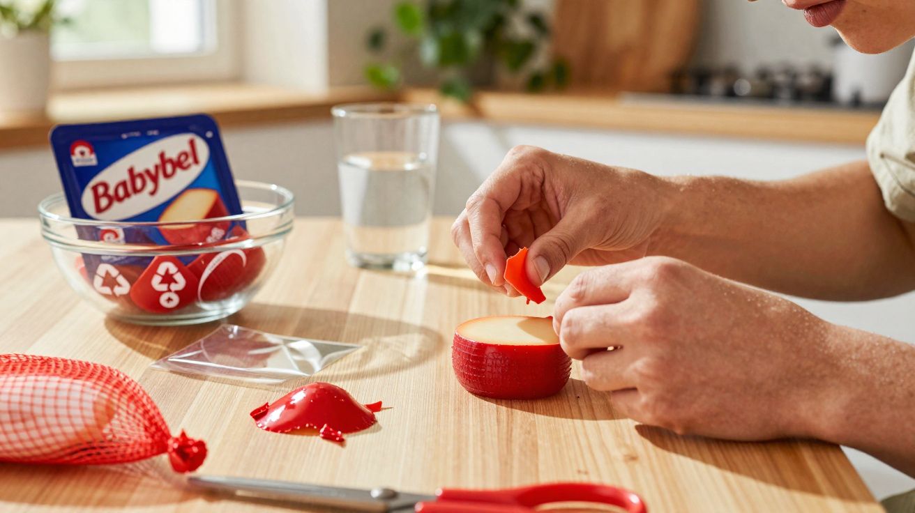 Pessoa descascando queijo Babybel sobre mesa de madeira com embalagem e copo de água ao fundo.