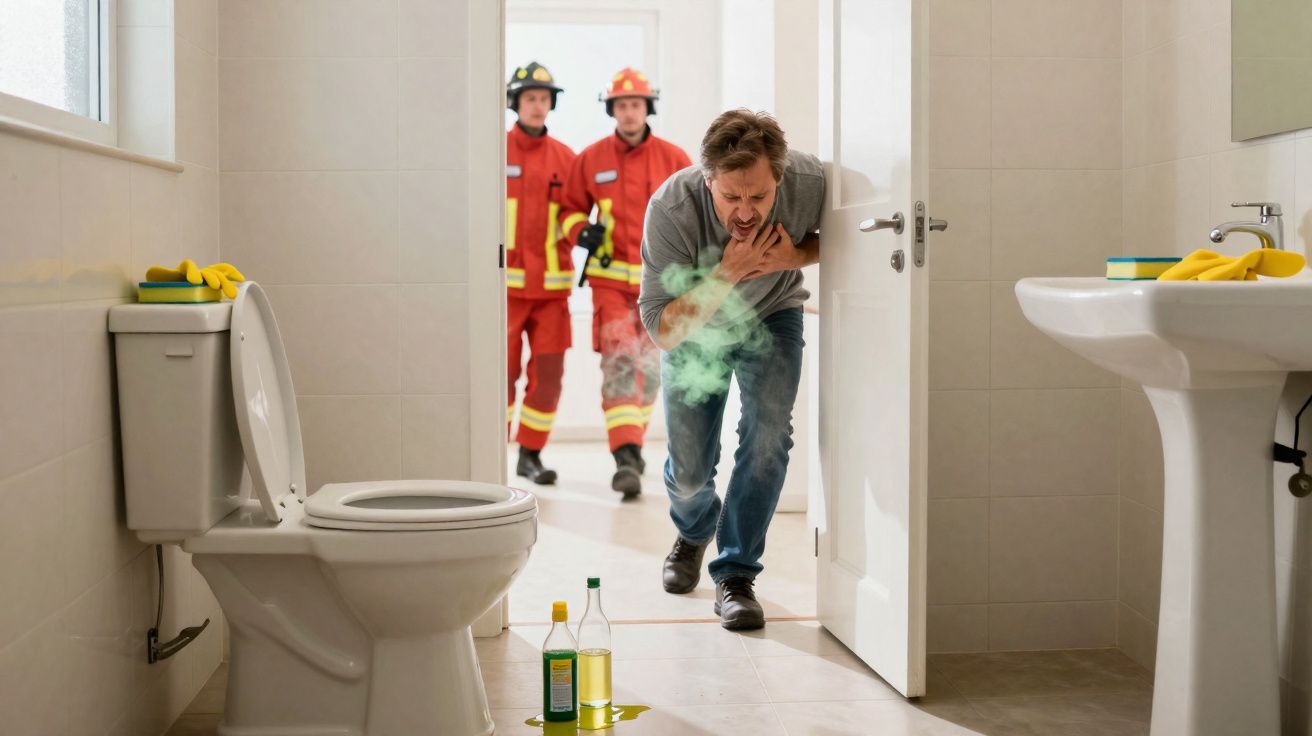 Homem tossindo gás tóxico em banheiro com dois bombeiros entrando para ajudar.