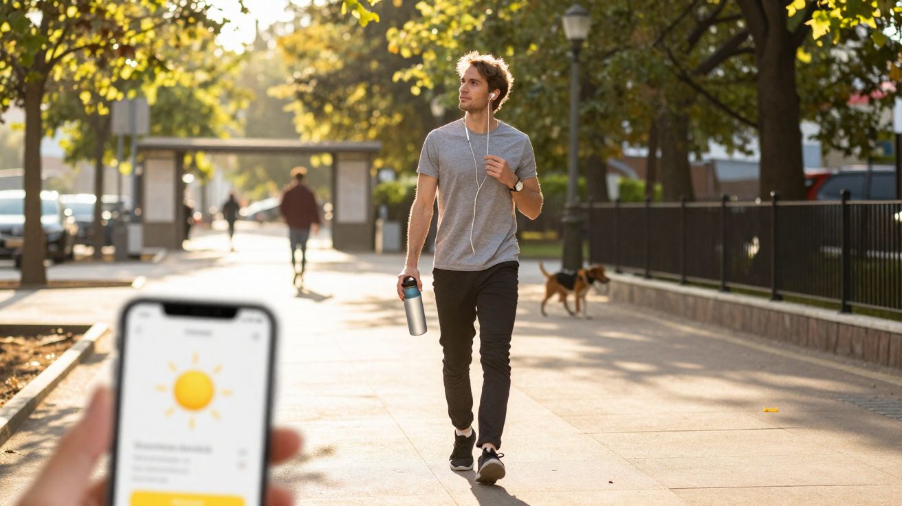 Homem jovem caminha ao ar livre com fones e garrafa, enquanto outra pessoa verifica previsão do tempo no celular.