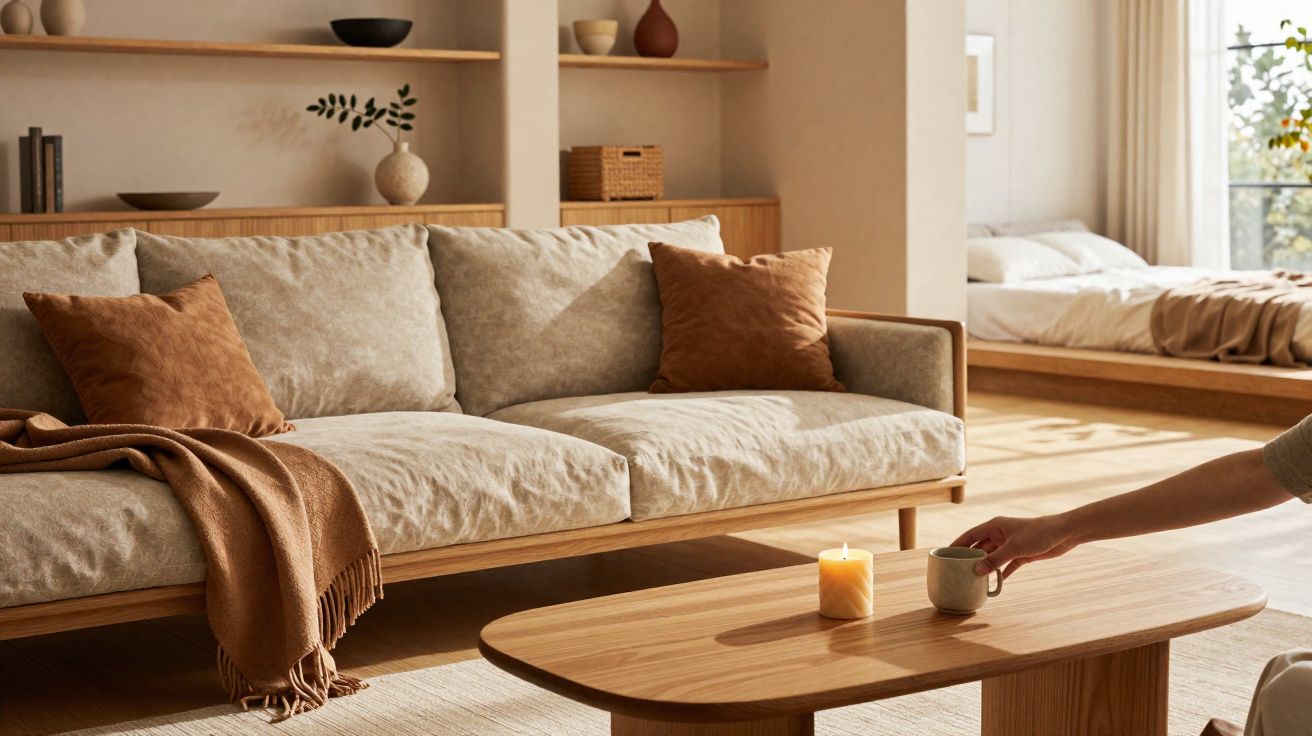 Sala de estar com sofá bege, almofadas marrons, manta, mesa de madeira com vela e xícara.