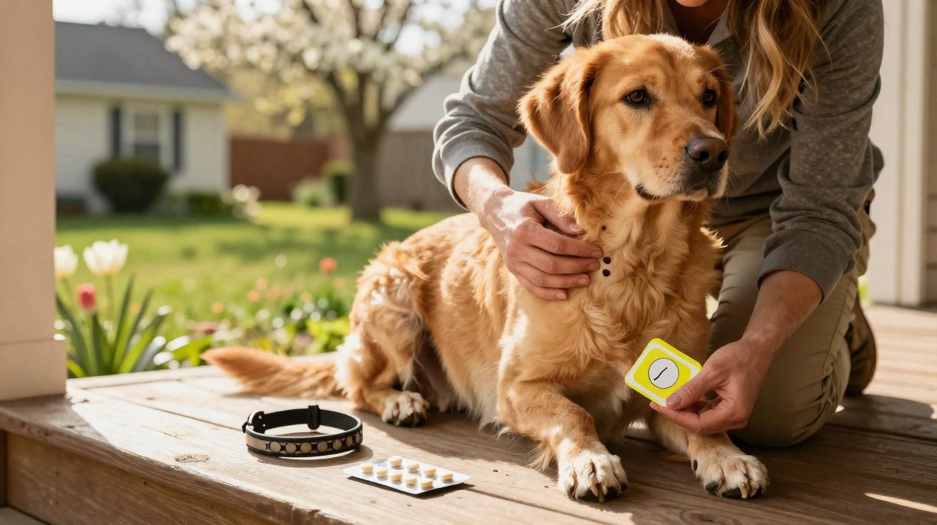 Mulher cuidando de cão dourado com petiscos e colar em área externa ensolarada.
