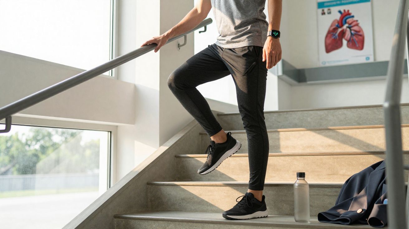 Pessoa subindo escada interna, vestindo roupas esportivas e relógio fitness, com garrafa e jaqueta ao lado.