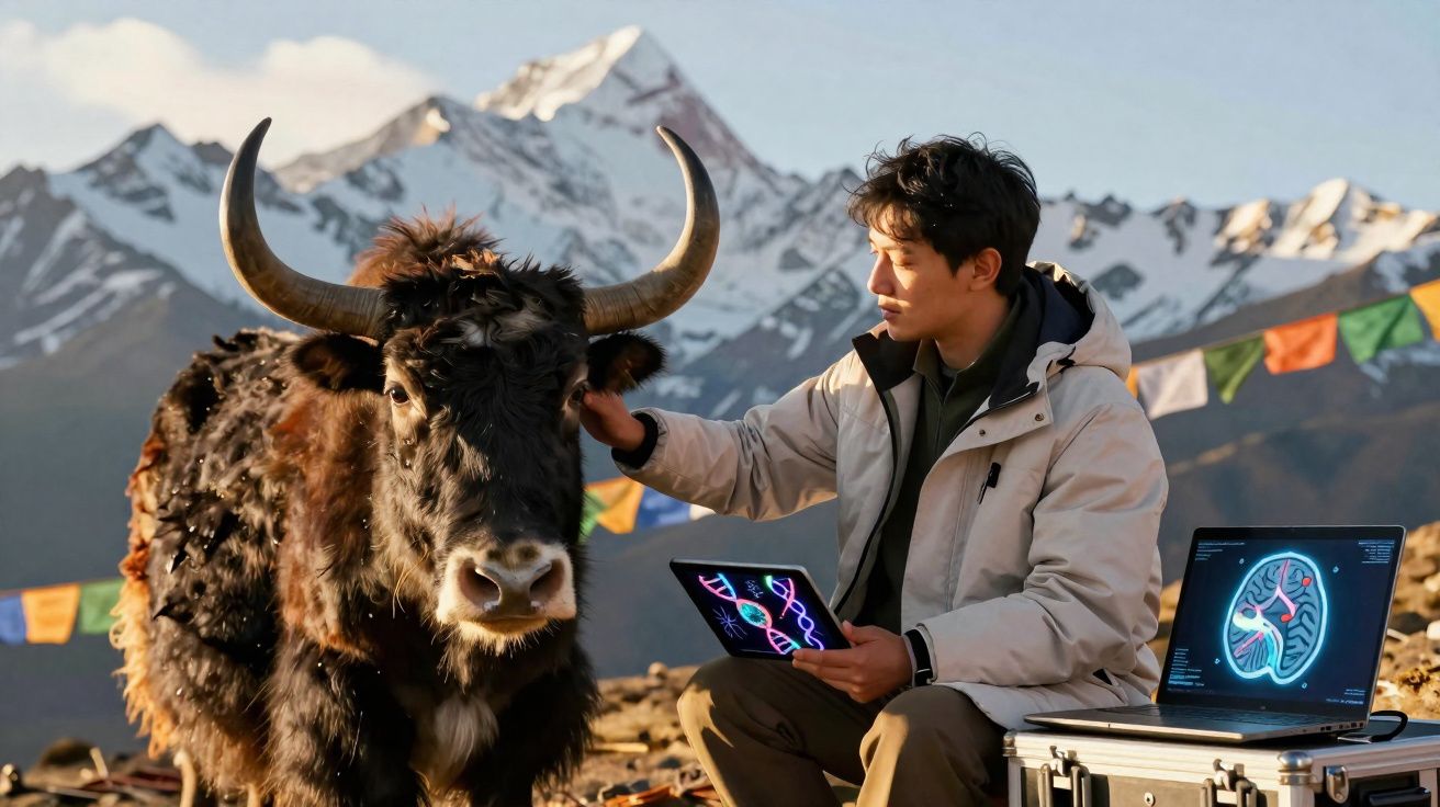 Homem sentado acaricia iogue preto com chifres, segurando tablet, ao ar livre com montanhas ao fundo.