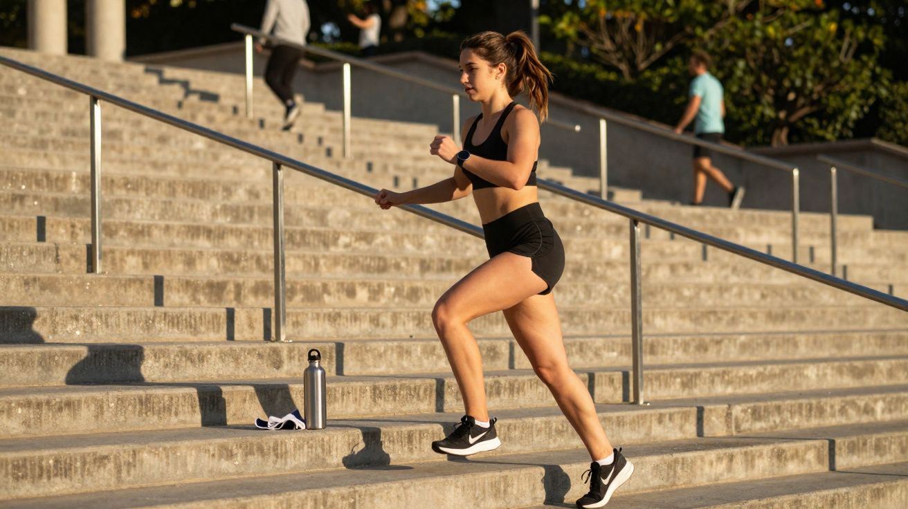 Mulher jovem correndo escada de concreto ao ar livre durante o dia ensolarado.