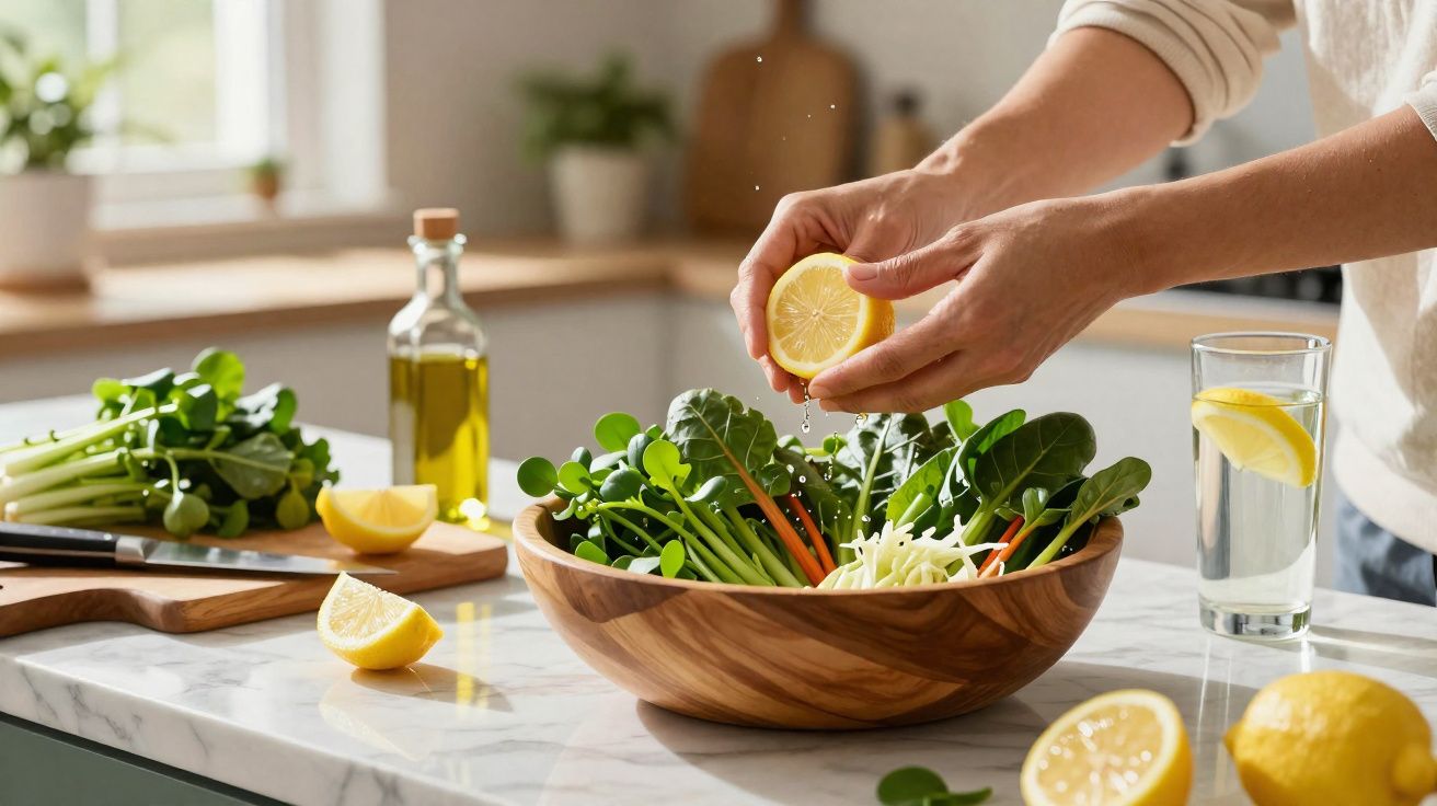 Pessoa espremendo limão sobre salada verde em tigela de madeira em bancada branca de cozinha.