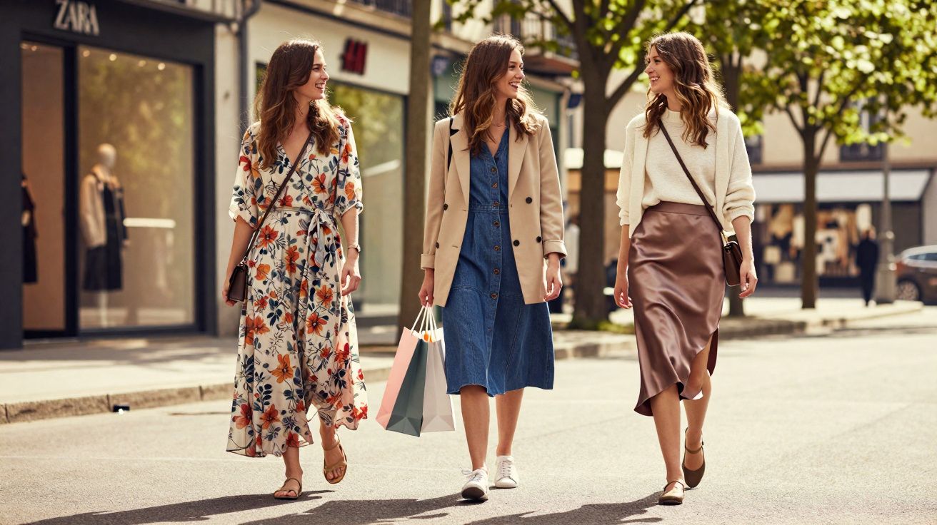 Três mulheres jovens caminhando e conversando em rua comercial ensolarada, vestindo roupas elegantes de primavera.