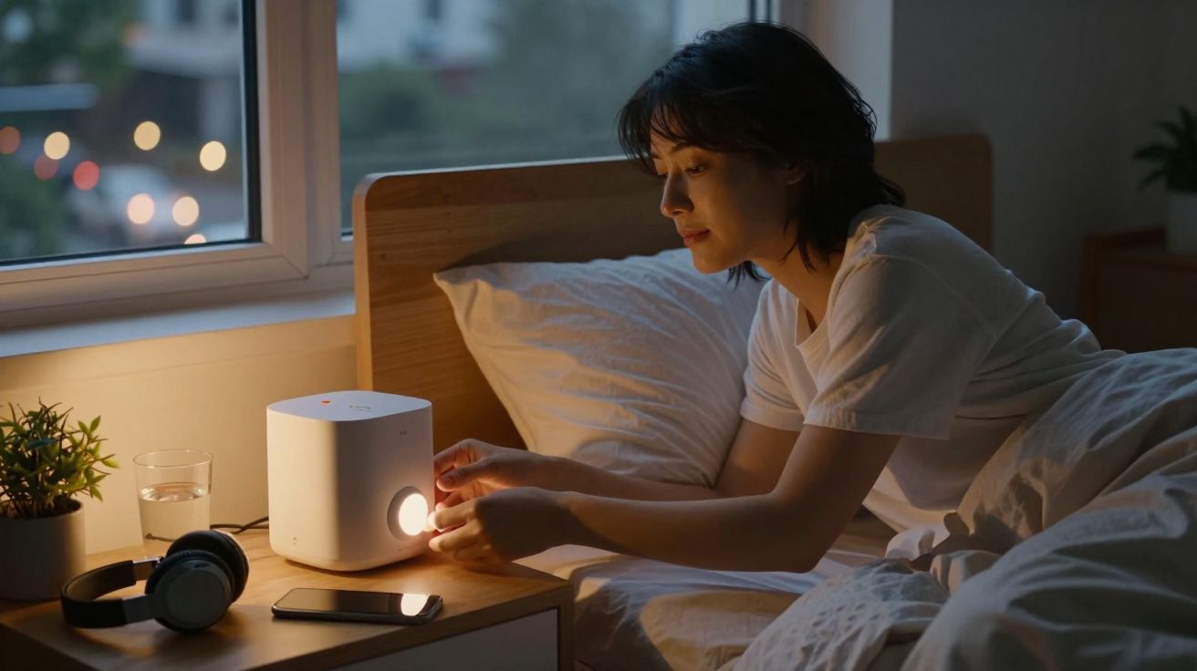 Mulher se preparando para dormir, ajustando luz no abajur ao lado da cama durante a noite.