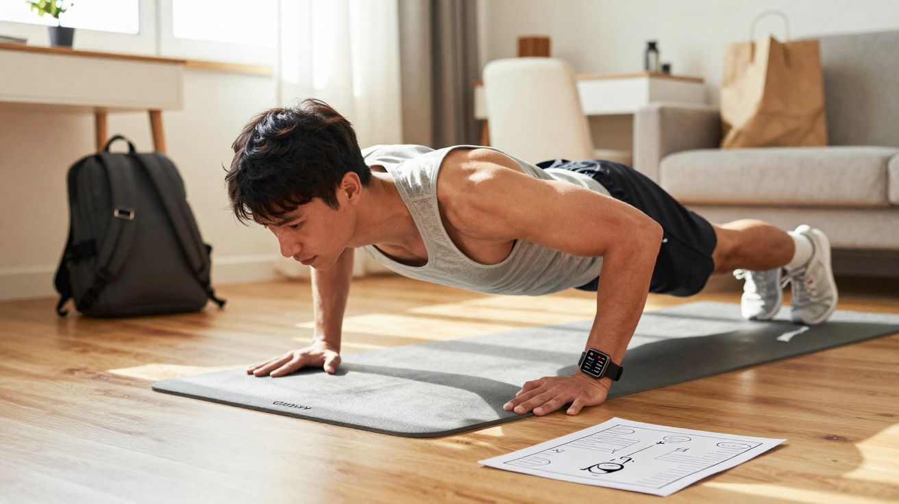 Homem fazendo flexão de braço em tapete de exercícios na sala iluminada por luz natural.