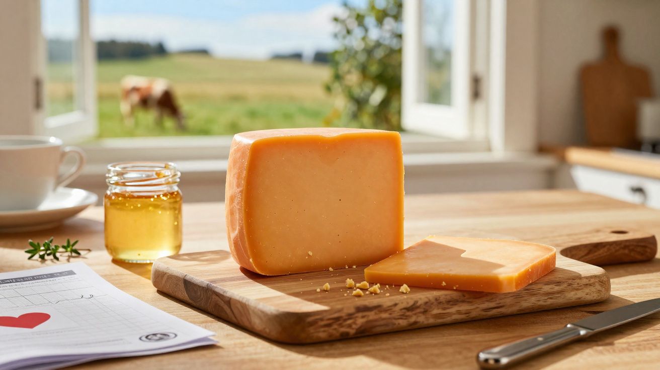 Queijo amarelo em tábua de madeira com mel, xícara, faca e vista para campo com vaca ao fundo.