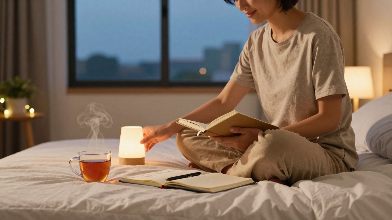 Pessoa sentada na cama lendo livro, com xícara de chá quente e luminária acesa ao lado.