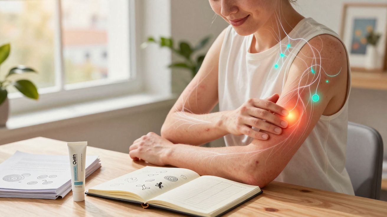Pessoa sentada tocando braço com dor destacada e livro aberto sobre mesa.
