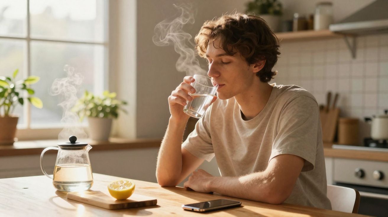 Jovem sentado na cozinha bebendo água de um copo enquanto uma jarra com chá quente está na mesa.