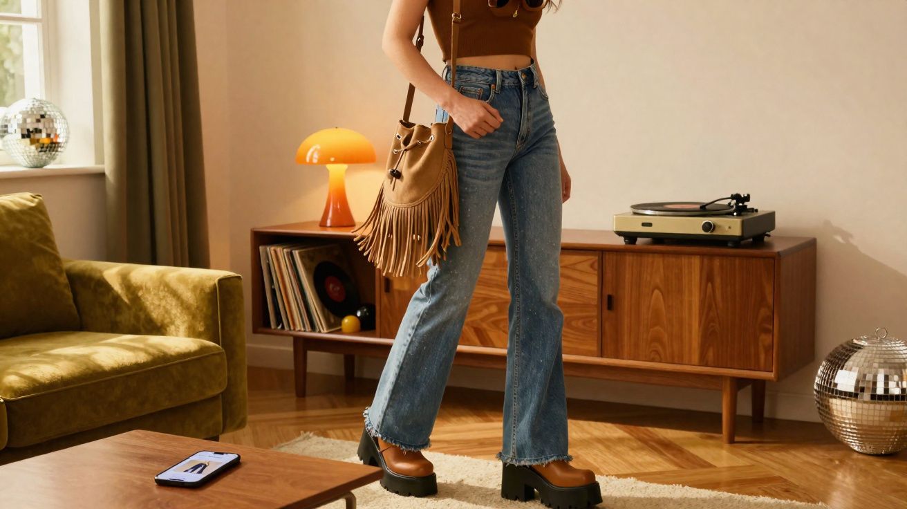 Pessoa com calça jeans e bolsa azul em sala de estar vintage com sofá verde e toca-discos.