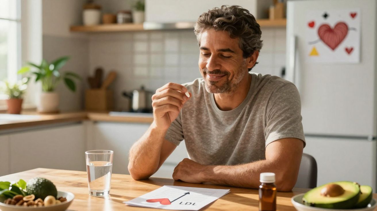Homem sorrindo na cozinha analisando níveis de LDL em papel com coração, ao lado de alimentos saudáveis e remédio.