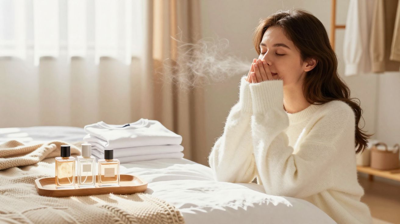 Mulher sentada no quarto inalando aroma de perfumes em frascos sobre a cama.