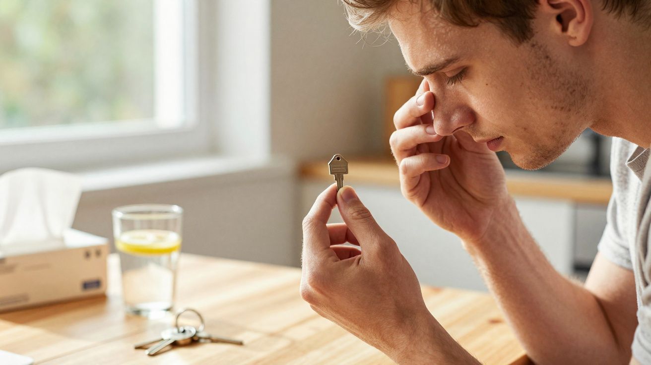 Jovem com expressão preocupada observa atentamente uma pequena chave em casa.