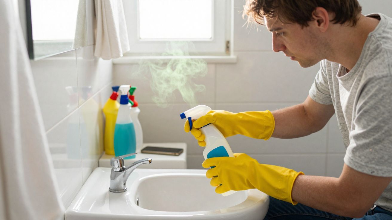 Homem com luvas amarelas limpando pia de banheiro com produto em spray branco e azul.